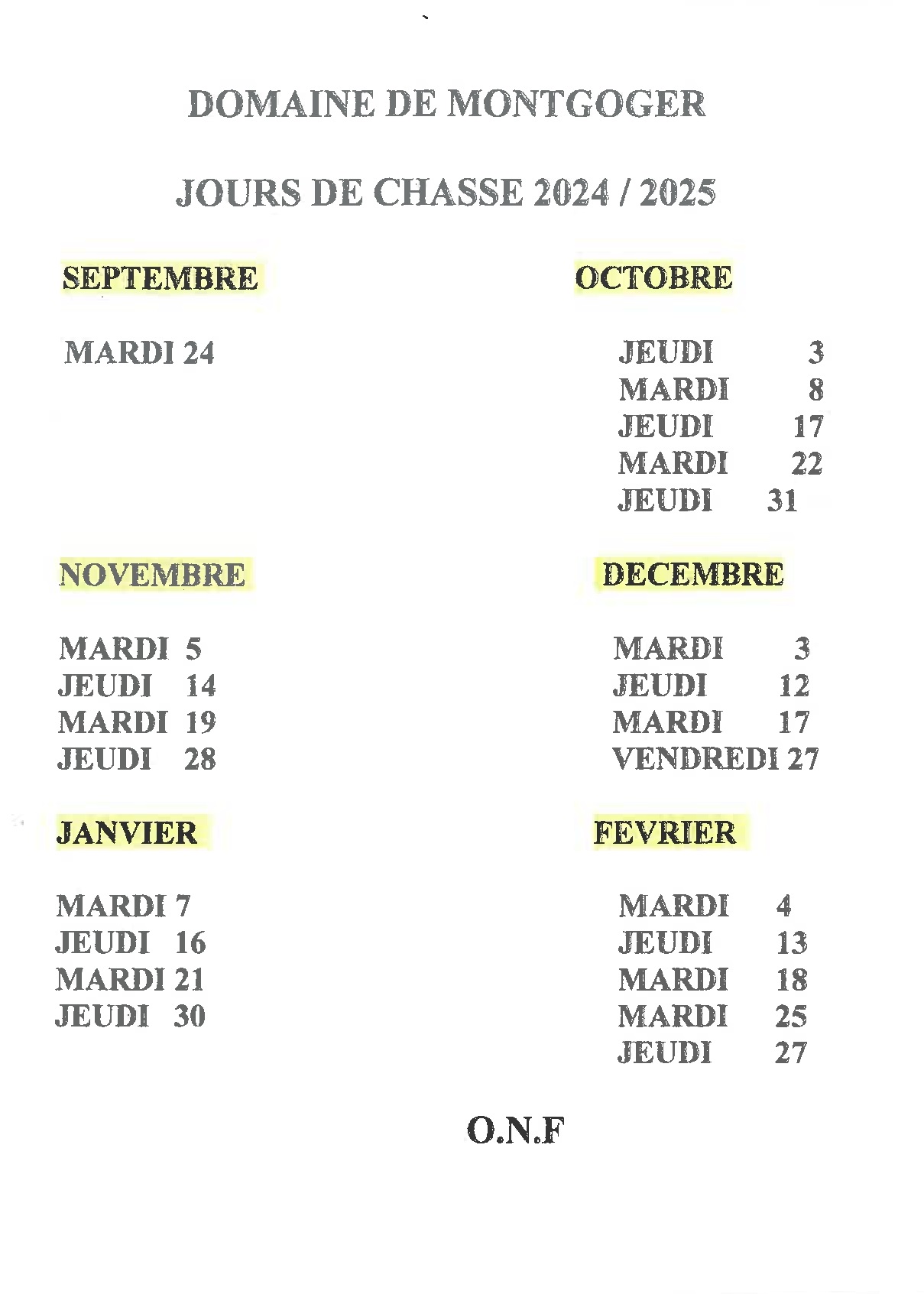 Jours Chasse – Année 2024/2025