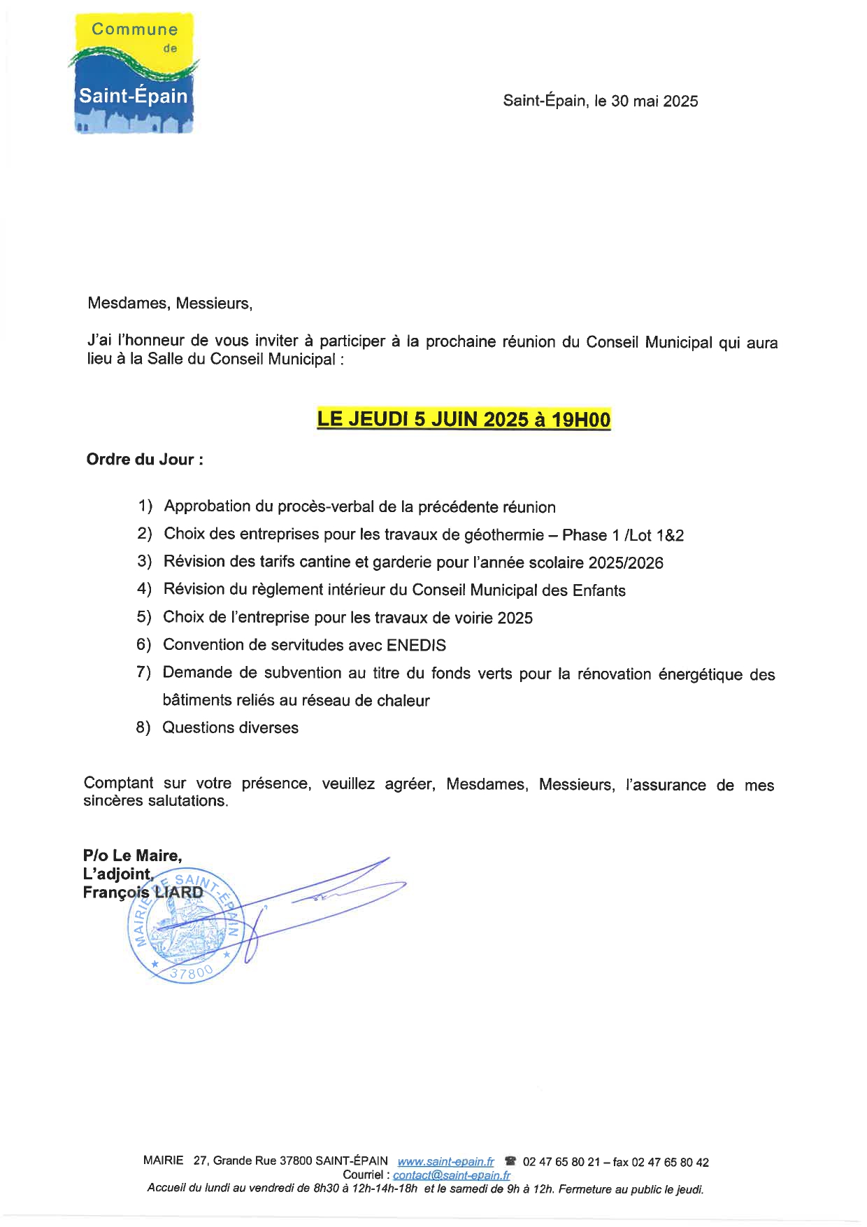 Ordre du Jour du prochain Conseil Municipal